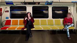 Overwhelmed with excitement as I masturbate a stranger on the train while my husband films our cuckold adventure