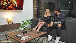 Step uncle's girlfriend rides my cock during phone call with my girlfriend. She takes huge cumload on tits in quickie doggystyle session.