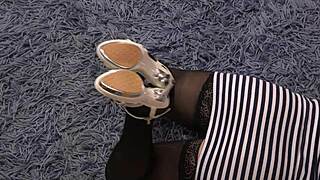 Milf cums using high-heeled shoe in foot fetish hairy pussy amateur play