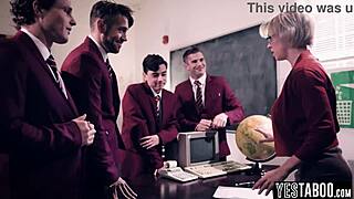 We're horny students gangbanging huge tits bbw mature teacher in classroom, they say with blonde blowjob and doggystyle action. Fat milf takes big cock pov in group hardcore.