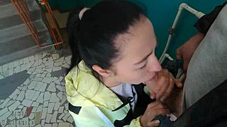 Risky Blowjob And Swallowing Mouthful Of Cum On Public Staircase