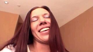 Misty Haze sucks cock in pantyhose during interview then swallows cum.