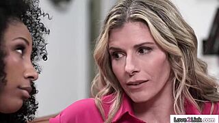 Busty milf stepmom spreads legs for ebony stepdaughter to lick and kiss her shaved pussy in intimate session