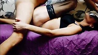 Milf with skinny figure strips lingerie and stockings for homemade porno session.