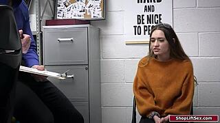 stepdad and officer dominate brunette thief in hardcore blowjob and fucking session. they take turns on her petite body at the office.