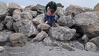 pissing outdoors smoking and flashing hairy pussy under short skirt