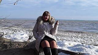 pissing outdoors smoking and flashing hairy pussy under short skirt