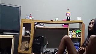 wife skips cleaning to suck cock in homemade interracial blowjob. her petite black body and saggy tits shine as she enjoys the intimate foreplay.