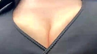 stepmother with big boobs walks outside, showing off her natural tits in public