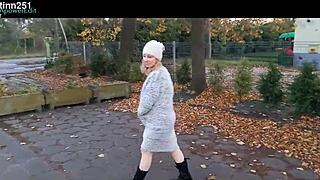 Out in public flashing those natural tits while stripping down