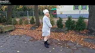 Out in public flashing those natural tits while stripping down