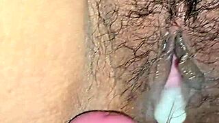 Husband filmed his latina wife up close with vibrator on her hairy wet pussy.