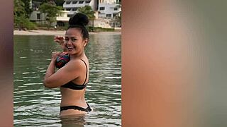 oh wow, this asian babe with big ass tempts her muscular daddy during a photoshoot in tropical nights