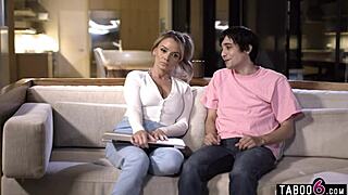 In a taboo roleplay, stepmom milf Pristine Edge stays up all night with her not son stepson, licking his cock in hardcore oral sex.