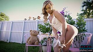 big round ass blonde milf jackie strips lingerie outdoors. she gets naked with playboy looking hot in panties.