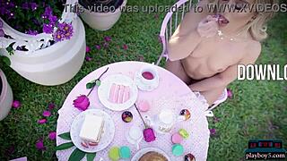 big round ass blonde milf jackie strips lingerie outdoors. she gets naked with playboy looking hot in panties.