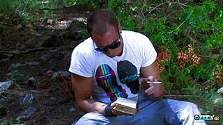 brunette milf meets guy in forest by accident for deepthroat blowjob and outdoor missionary sex with cum in mouth