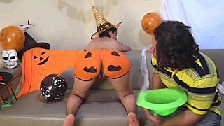 Hey, this curvy milf stepmom in costume is begging for me to fuck her pumpkin with a dildo on Halloween