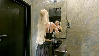 Hey sexy blonde with big tits and long hair, why wear that see-through mini skirt with knee socks but no panties tonight?