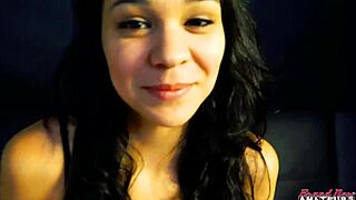 Petite brunette coed Sabrina bends over for doggystyle fucking in wet shaved pussy until facial cumshot.