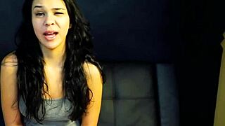 Petite brunette coed Sabrina bends over for doggystyle fucking in wet shaved pussy until facial cumshot.