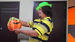 Hey, this curvy milf stepmom in costume is begging for me to fuck her pumpkin with a dildo on Halloween