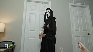 free ghostface delivers sloppy halloween handjob to cougar milf in lingerie with big cock action