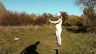 Frina, strip naked and play badminton naked with me in public outdoors!