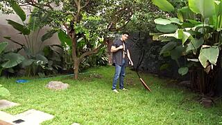 Muscular gardener is hired by brunette milf and does special jobs for her