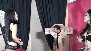 We're two sexy half-Asian MILF girls dominating this no-condom FFM threesome fuck in the dungeon with one boy