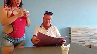 Naked waitress serves pussy from her navel to hungry restaurant guest backstage