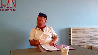 Naked waitress serves pussy from her navel to hungry restaurant guest backstage