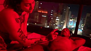 hot tat girl chokes on muscular bbc before rough interracial assfucking and cum swap!