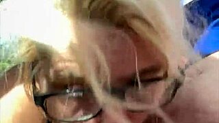 glasses hooker kneels public sucking old man for cash cumshot mouthful