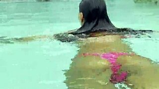 hot monika fox pink bikini pool swim public strut