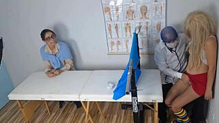 Skinny redhead mommy takes step-sis to kinky gyno for pussy massage creampie dirty talk