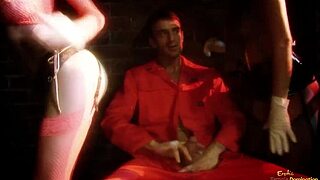 Two Blonde Milfs Fuck Horny Prisoner in Steamy FFM Threesome