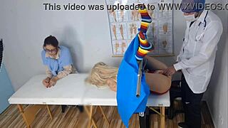 Skinny redhead mommy takes step-sis to kinky gyno for pussy massage creampie dirty talk