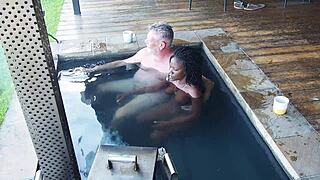 Juicy ebony secretary rips clothes for sloppy boss fuck in steamy jacuzzi