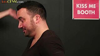 Clothed femdom milfs in skirts and heels suck and jerk bound dude's cock