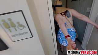 Step Mom Sucks Stepson's Huge Cock in Public Restroom Voyeur