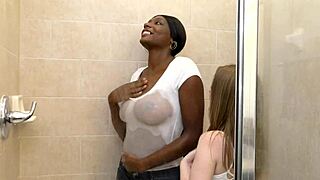 Ebony milf's wet shower ass play with white cock interracial mess!