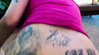 curvy brunette in little dress spreads ass on balcony for rough licking