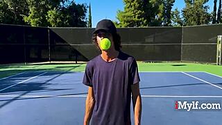 Naked stepmom plays tennis then takes cock missionary outdoors