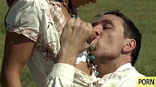 Busty brunette farm milf takes cock deep in her ass outdoors