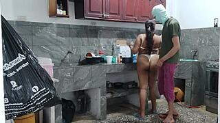 busty maid's kitchen masturbation simmers beneath dinner prep