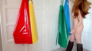 Redhead Shaved Pussy Slut Fingers to Squirting Orgasm in PVC