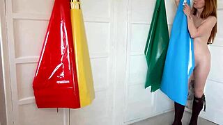 Redhead Shaved Pussy Slut Fingers to Squirting Orgasm in PVC