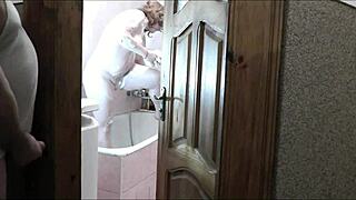 sexy blonde naked in bathroom, roommate watches and jerks off cumshot