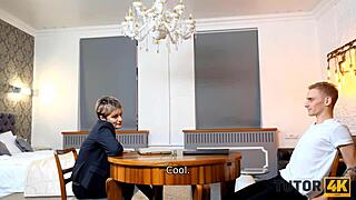 russian cougar tutor in stockings nailed missionary by teen stud